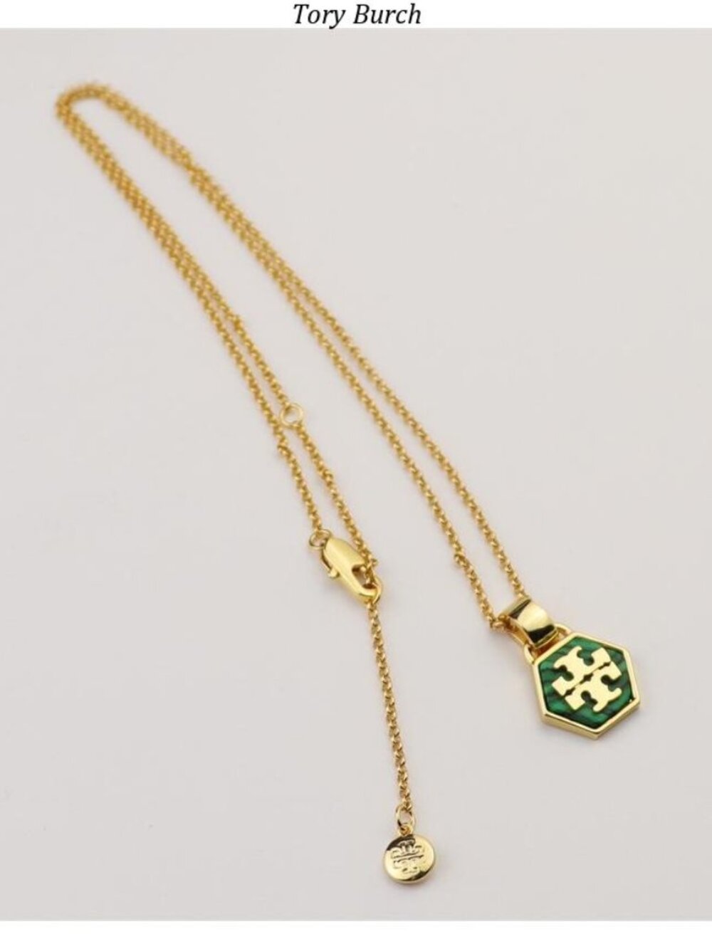 Tory Burch Gold-Tone Necklace with Green Enamel Pendant